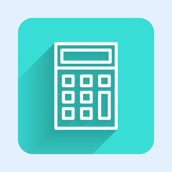 Witte Lijn Calculator Pictogram Geïsoleerd Met Lange Schaduw Boekhoudkundig Symbool — Stockvector