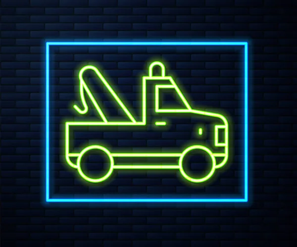 Gloeiende Neon Lijn Sleepwagen Pictogram Geïsoleerd Baksteen Muur Achtergrond Vector — Stockvector