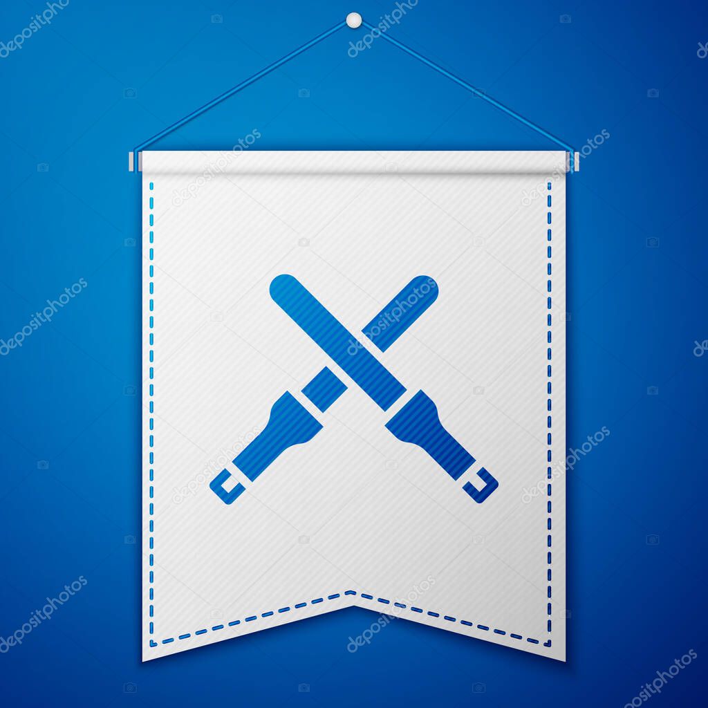 Blue Marshalling wands for the aircraft icon isolated on blue background. Marshaller communicated with pilot before and after flight. White pennant template. Vector.