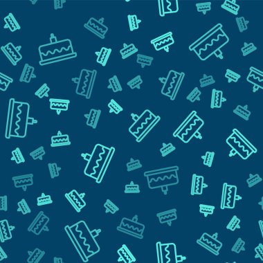 Yanan mum simgesine sahip yeşil çizgi pastası mavi arkaplanda izole edilmiş pürüzsüz desen. Doğum günün kutlu olsun. Vektör.