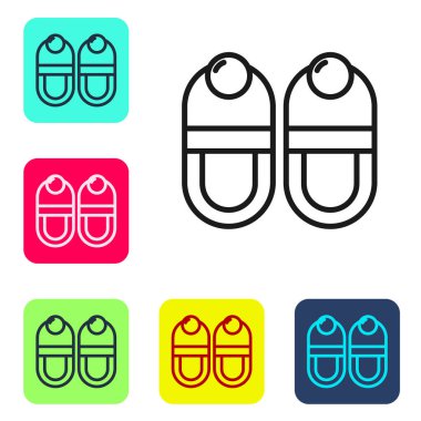 Beyaz arkaplanda siyah çizgili terlik simgesi var. Parmak arası terlik işareti. Renkli kare düğmelerle simgeleri ayarla. Vektör.