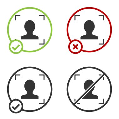 Siyah Yüz tanımlama simgesi beyaz arkaplanda izole edildi. Yüz tanımlama simgesi. Yüz tanıma. Siber güvenlik kavramı. Çember düğmesi. Vektör.