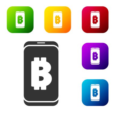 Siyah Madencilik bitcoin beyaz arka planda izole edilmiş mobil ikondan. Kripto para birimi madenciliği, engelleme zinciri teknoloji servisi. Renkli kare düğmelerle simgeleri ayarla. Vektör.