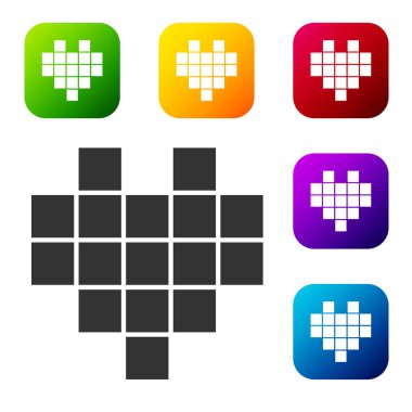 Siyah Piksel kalpleri beyaz arkaplanda izole edilmiş oyun ikonu için. Renkli kare düğmelerle simgeleri ayarla. Vektör.