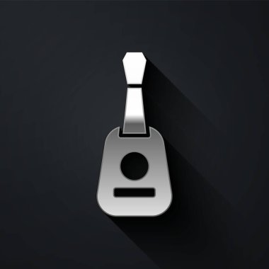 Gümüş Gitar simgesi siyah arkaplanda izole edildi. Akustik gitar. Telli müzik aleti. Uzun gölge tarzı. Vektör.
