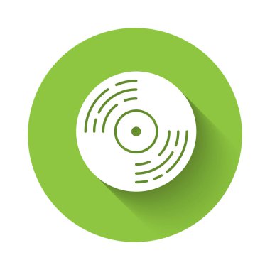 Beyaz Vinil disk simgesi uzun gölgede izole edildi. Yeşil daire düğmesi. Vektör.
