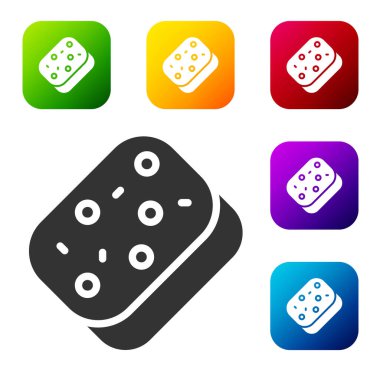 Beyaz zemin üzerinde baloncuk simgesi olan siyah sünger. Bulaşık yıkamak için bir tutam Bast. Temizlik servisi logosu. Renkli kare düğmelerle simgeleri ayarla. Vektör.