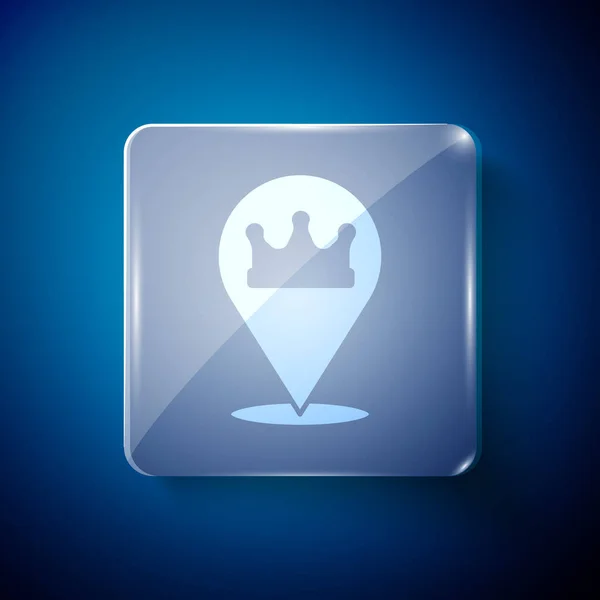 White Location King Crown Icon Isolated Blue Background Square Glass — Stock Vector