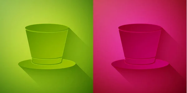 Papiergeschnittenes Zylinderhut Symbol Isoliert Auf Grünem Und Rosa Hintergrund Papierkunst — Stockvektor