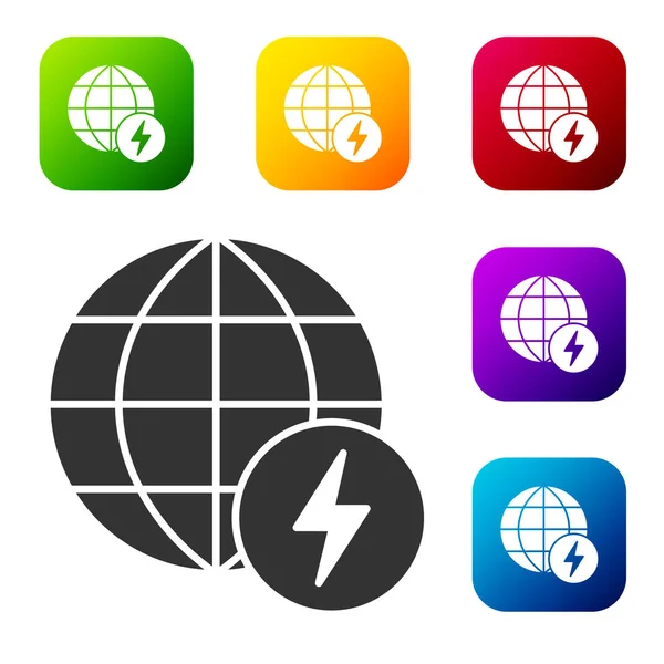 Black Global Energy Power Planet Flash Thunderbolt Icon Isolated White — Stock Vector