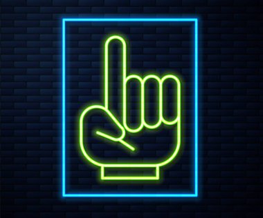 Parlak neon hattı bir numaralı fan eldiveni ve parmak kaldırma ikonu tuğla duvar arkasında izole. Yarışmalarda takım desteğinin sembolü. Vektör İllüstrasyonu.