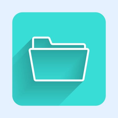 Beyaz çizgi klasör simgesi uzun gölgeyle izole edildi. Muhasebe klasörü sembolü. Muhasebe yönetimi. Yeşil kare düğmesi. Vektör İllüstrasyonu.