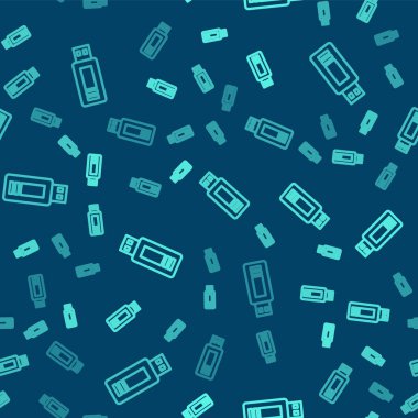 Yeşil çizgi USB flash disk simgesi mavi arkaplanda izole edilmiş pürüzsüz desen. Vektör.