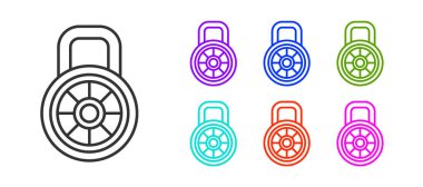 Beyaz arkaplanda siyah çizgi şifreli kilit simgesi izole edildi. Kombinasyon asma kilit. Güvenlik, güvenlik, koruma, şifre, gizlilik. Simgeleri renklendirin. Vektör.