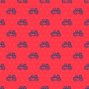 Kırmızı arka planda izole edilmiş ikon arkasında karton kutular olan mavi çizgi teslimat kamyonu. Vektör.