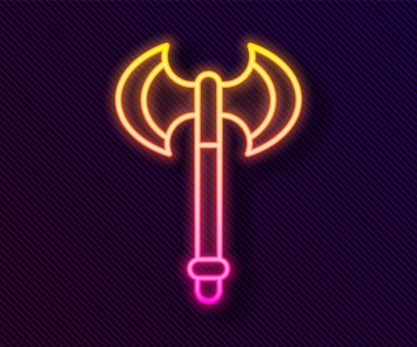 Parlayan neon hattı Ortaçağ balta simgesi siyah arka planda izole edildi. Savaş baltası, cellat baltası. Ortaçağ silahı. Vektör.
