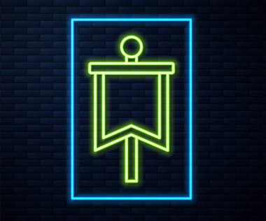 Parlayan neon hattı Ortaçağ bayrağı simgesi tuğla duvar arkasında izole edildi. Bir kral ya da kraliçe tarafından yönetilen ülke, devlet ya da bölge. Vektör.