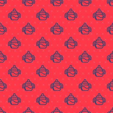 Mavi çizgi bebek şişesi ikonu kırmızı arka planda izole edilmiş. Beslenme şişesi simgesi. Süt şişesi tabelası. Vektör.