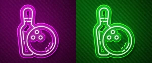 Glowing Neon Line Bowling Pin Ball Icon Isolated Purple Green — Stock Vector