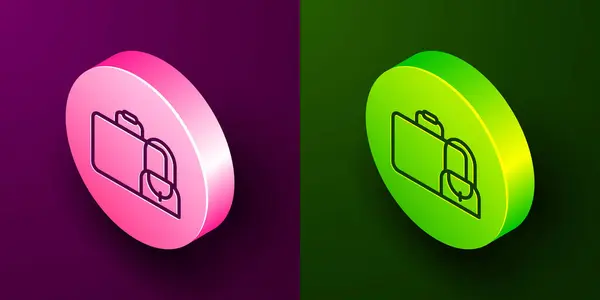 在紫色和绿色背景上隔离的旅行图标的等距线套件 旅行的行李标志 旅行行李图标 圆形按钮 — 图库矢量图片