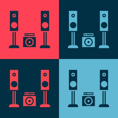 Pop Art Home müzik seti ve iki hoparlör ikonu renkli arka planda izole edilmiş. Müzik sistemi. Vektör İllüstrasyonu.