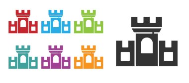 Siyah Kale simgesi beyaz arkaplanda izole edildi. Kulesi olan bir ortaçağ kalesi. Düşmanlardan koruma. Şehrin güvenilirliği ve savunması. Simgeleri renklendirin. Vektör.