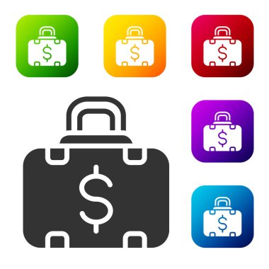 Siyah evrak çantası ve para ikonu beyaz arka planda izole edildi. İş ilanı. İş portföyü. Renkli kare düğmelerle simgeleri ayarla. Vektör.