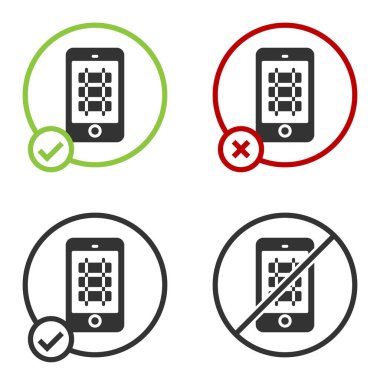 Siyah Online bilet rezervasyonu ve uygulama arayüzü simgesi alma beyaz arka planda izole edildi. E-bilet siparişi. Elektronik tren bileti ekranda. Çember düğmesi. Vektör.