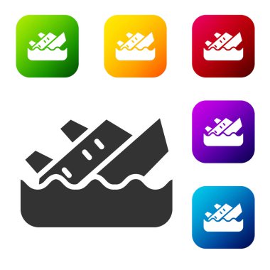 Siyah batan yolcu gemisi simgesi beyaz arka planda izole edildi. Seyahat turizmi deniz taşımacılığı. Yolcu gemisi, yolcu gemisi. Renkli kare düğmelerle simgeleri ayarla. Vektör.