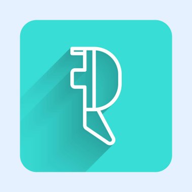 Beyaz çizgi eskrim başlığı maskesi ikonu uzun gölgeli izole edilmiş. Geleneksel spor savunması. Yeşil kare düğmesi. Vektör İllüstrasyonu.