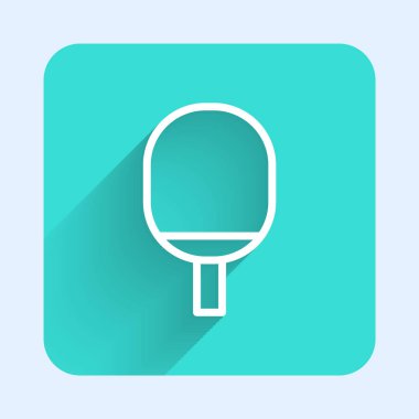 Masa tenisi ikonu oynamak için beyaz çizgi raketi uzun gölgeli izole edilmiş. Yeşil kare düğmesi. Vektör İllüstrasyonu.