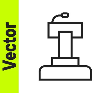 Siyah çizgi sahne standı ya da beyaz arkaplanda izole edilmiş podyum kürsü ikonu. Konferans konuşma tribünü. Vektör.