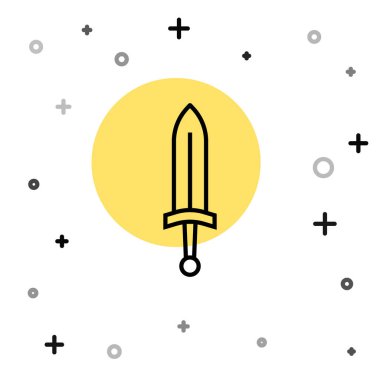 Siyah çizgi Ortaçağ kılıç ikonu beyaz arka planda izole edilmiş. Ortaçağ silahı. Rastgele dinamik şekiller. Vektör.