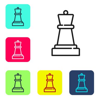 Siyah çizgi satranç simgesi beyaz arkaplanda izole edildi. İş stratejisi. Oyun, yönetim, finans. Renkli kare düğmelerle simgeleri ayarla. Vektör.