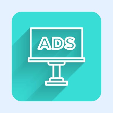 Beyaz çizgi reklam simgesi uzun gölgeli izole edildi. Pazarlama ve tanıtım süreci kavramı. İlgili reklamlar. Sosyal medya reklamcılığı. Yeşil kare düğmesi. Vektör.