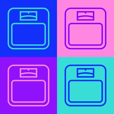 Pop sanat eseri banyo ölçekleri renk arkaplanında izole edilmiş. Ağırlık ölçme ekipmanı. Ağırlık ölçeği spor konsepti. Vektör.