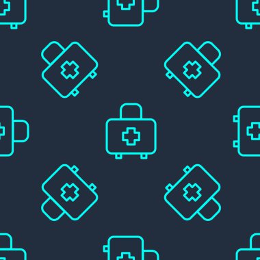 Yeşil çizgi ilk yardım seti simgesi mavi arkaplandaki kusursuz deseni izole etti. Haçlı sağlık kutusu. Acil durumlar için tıbbi ekipman. Sağlık sigortası konsepti. Vektör.