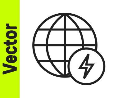 Siyah çizgi Küresel Enerji Gücü Gezegeni. Beyaz zemin üzerinde yıldırım simgesi izole edilmiş. Ekoloji konsepti ve çevre. Vektör.