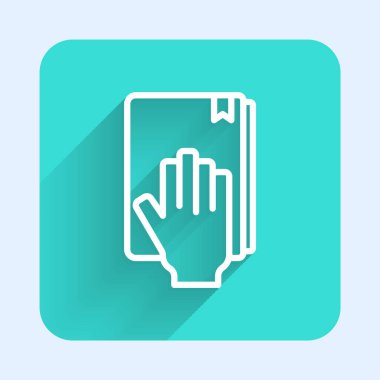 Kutsal İncil ikonu üzerine uzun gölgeli beyaz çizgi yemini. Mahkemedeki prosedür. Gerçek ve gerçek. Tanrı huzurunda söz ver. Yeşil kare düğmesi. Vektör.