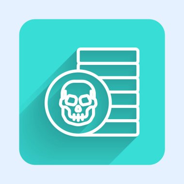 Beyaz çizgi Korsan madeni para simgesi uzun gölgeli izole edilmiş. Yeşil kare düğmesi. Vektör.