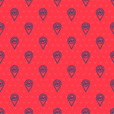 Mavi çizgi harita işaretçisi, dağ simgesi ile izole edilmiş, kırmızı arkaplan üzerinde pürüzsüz desen. Dağlar seyahat ikonu. Vektör.