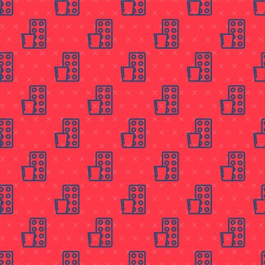 Mavi çizgi hapları kırmızı arka planda izole edilmiş ikon şeklinde. İlaç paketi. Tablet, vitamin, antibiyotik, aspirin. Vektör.