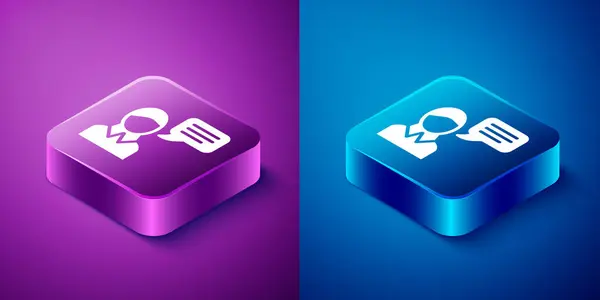 アイソメトリックスピーチバブルチャットアイコンは青と紫の背景に隔離されています メッセージアイコン コミュニケーションやコメントチャットシンボル 正方形のボタン ベクトル — ストックベクタ