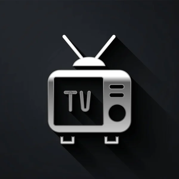 Icono Retro Plateado Aislado Sobre Fondo Negro Señal Televisión Estilo — Vector de stock