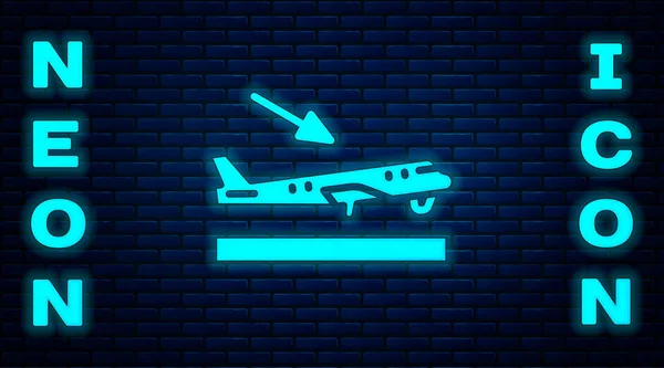 Parlayan Neon Uçak Iniş Ikonu Tuğla Duvar Arka Planında Izole — Stok Vektör