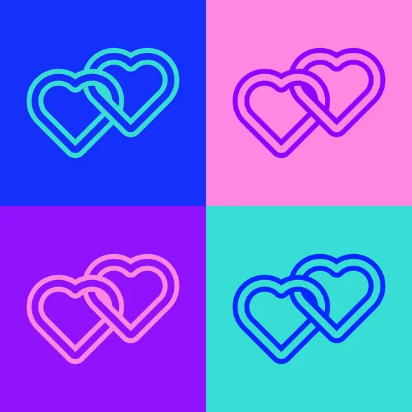 Pop Art Line Two Linked Hearts Icon Isolated Color Background — Stock Vector