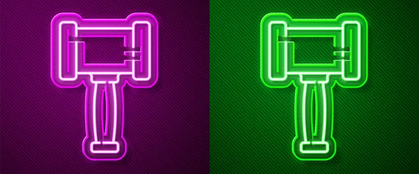 Gloeiende Neon Lijn Rechter Hamer Pictogram Geïsoleerd Paarse Groene Achtergrond — Stockvector