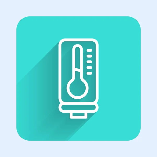 白线气象温度计测量与长影隔离的冷热图标 显示炎热或寒冷天气的温度计设备 绿色正方形按钮 — 图库矢量图片
