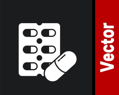 Siyah arka planda beyaz haplar izole edilmiş. İlaç paketi. Tablet, vitamin, antibiyotik, aspirin. Vektör İllüstrasyonu.