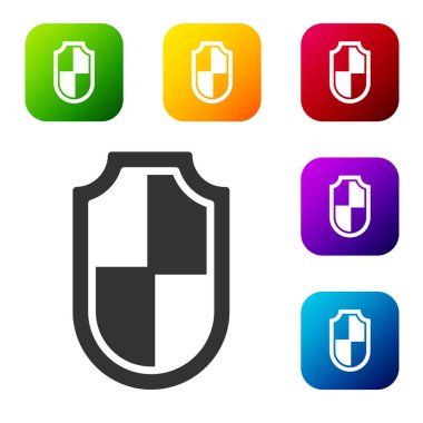 Siyah Kalkan simgesi beyaz arkaplanda izole edildi. Gardiyan. Güvenlik, güvenlik, koruma, gizlilik kavramı. Renkli kare düğmelerle simgeleri ayarla. Vektör.